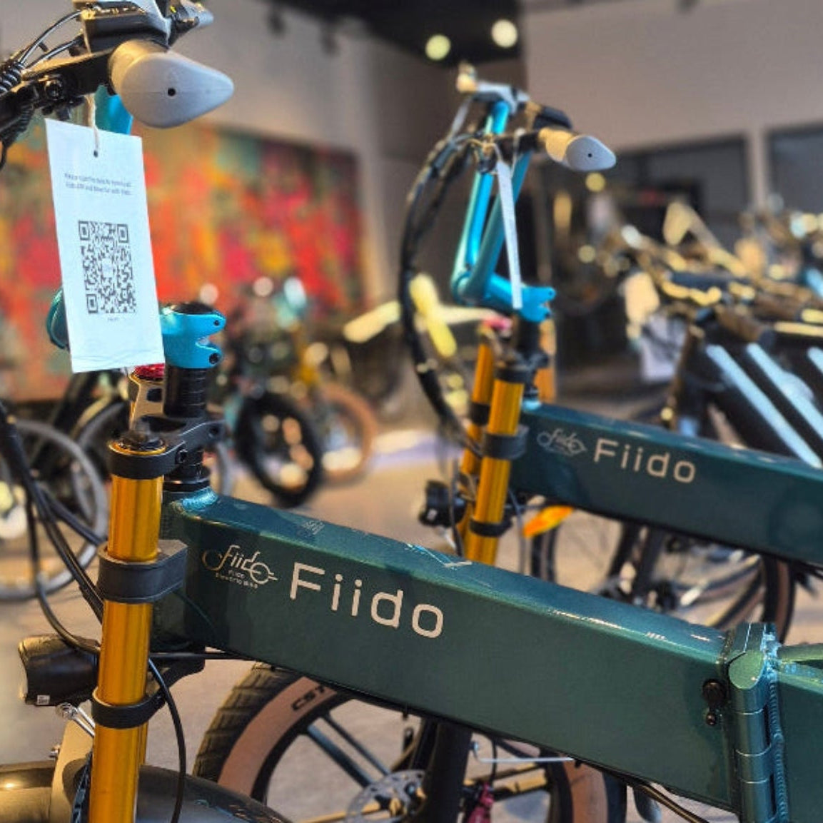 Folding bicycle with 'FiiDO' branding on a display stand.